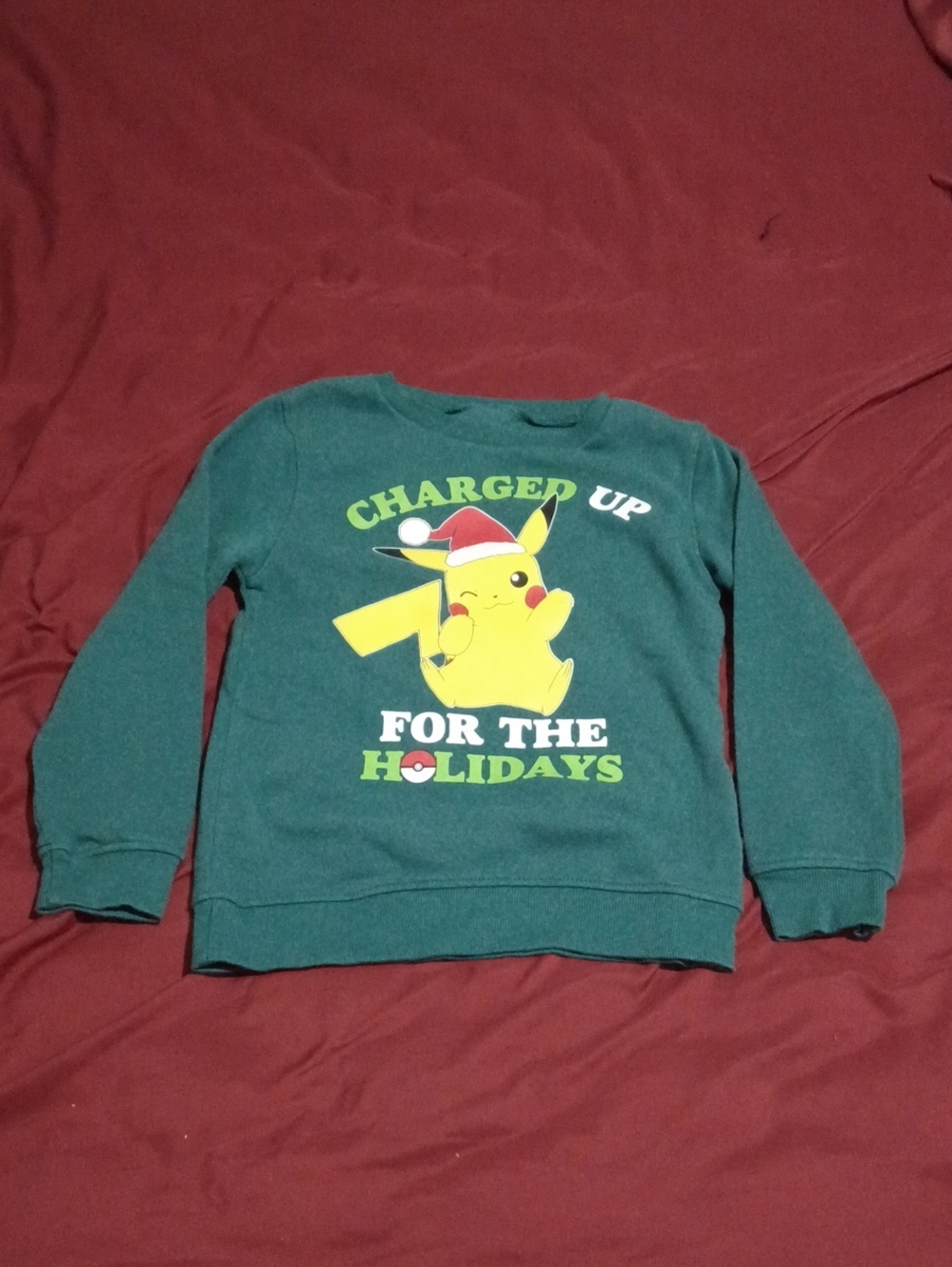 Pokemon Kids Green 'Charged Up for the Holidays' Pikachu Sweatshirt Size Small